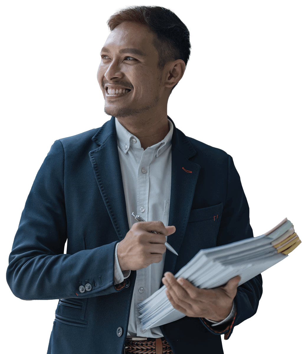 A cutout image of a smiling Asian man holding a stack of paperwork