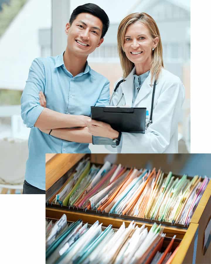 a collage of images including two people standing next to each other and a box of colorful paperwork