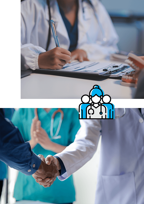 A collage of images that includes a doctor signing papers and two people shaking hands